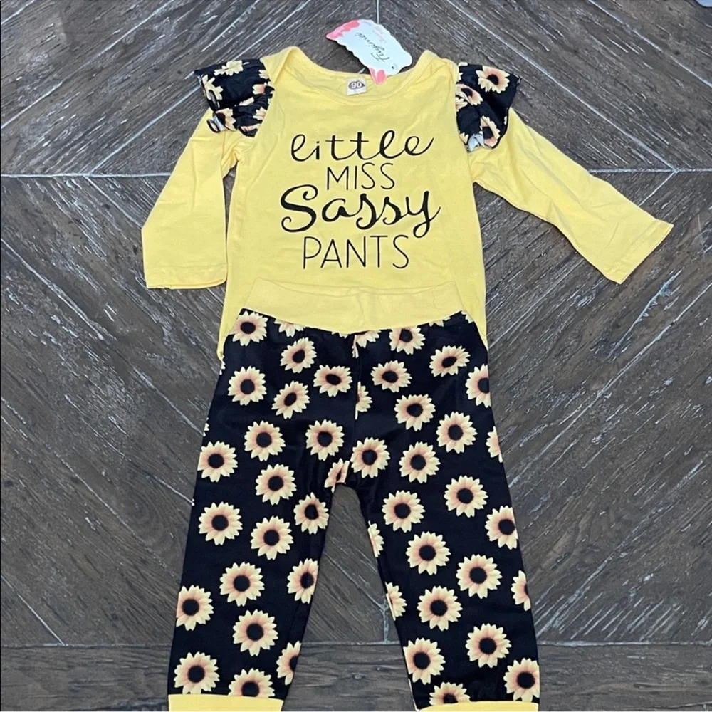Yellow 'Little Miss Sassy Pants' Outfit with Sunflower Leggings 12-18 Month